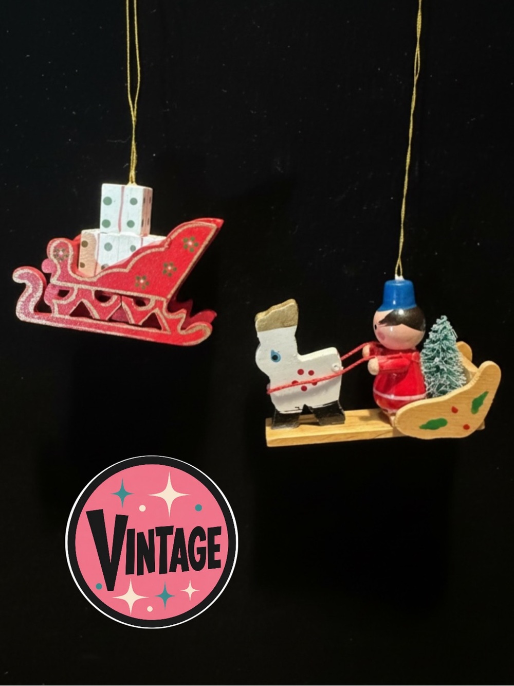 Vtg 1970s–80s Wooden Christmas Sleighs Reindeer/Horse & Packages Set of 2